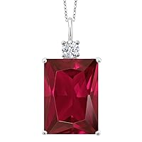 Gem Stone King 925 Sterling Silver Red Created Ruby Pendant Necklace For Women (20.00 Cttw, Emerald Cut 18X13MM, With 18 Inch Silver Chain)
