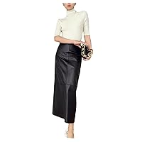 Long Skirt for Women Vintage Black Genuine Leather Pencil Skirts High Waist Luxury Sheepskin Dress