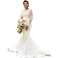 Lace Mermaid Wedding Dresses Long Sleeves Beading Applique Bridal Ball Gowns for Bride Plus Size