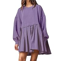 Casual Loose Mini Dress for Women Patchwork Two Piece Sweatshirt Pleated Dresses Autumn Long Sleeve Clothing