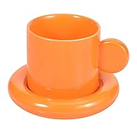 Koythin Ceramic Coffee Mug with Saucer Set, Cute Creative Coin Shape Handle Cup Saucer for Office and Home, Dishwasher and Microwave Safe, 10 oz/300 ml for Latte Tea Milk (Orange)