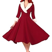 Christmas Dresses for Women Elegant Long Sleeve Fuzzy V Neck Christmas Tree Plaid Print Plus Size Dress Formal Holiday