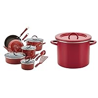 Rachael Ray Cucina Nonstick Cookware Set, 12 Piece, Cranberry Red + Rachael Ray Create Delicious Stock Pot, 12 Quart, Red