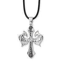 925 Sterling Silver Polished Prong set Open back Lobster Claw Closure Diamond Black Rhodium Plated Religious Faith Cross and Angel Wings Pendant Necklace Jewelry for Women