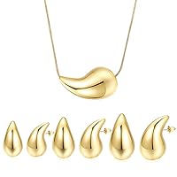 4 PCS Chunky Hoop Earrings Necklaces Set, Large 14k Gold Plated Teardrop Necklace Big Waterdrop Pendant Necklace Drop Earring Set Fashion Statement Jewerly Accessory Pack for Women Girls Gifts