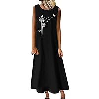 Linen Dress for Women Summer Vintage Dandelion Butterfly Print Tank Dresses Sleeveless Loose Casual Maxi Beach Dress