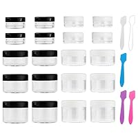 Accmor 20 Pieces Empty Clear Plastic Sample Containers with Lids 3/5/10/15/20 Gram Size Cosmetic Jars with 5 Pieces Mini Spatulas(White/Black)