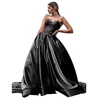 Strapless Lace Appliques Satin Prom Dresses A-line with Train for Women, Quinceanera Dress Ball Gown Wedding Dress