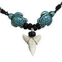 Hawaiian Polynesian Maori Surfer Beach Tribal Jewelry Shark Tooth and Blue Turtle Tiki Beads Protection Amulet Unisex Men's Pendant Necklace Lucky Charm Safe travel talisman with Black Adjustable Cord
