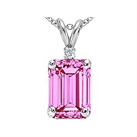 Tommaso Design Emerald Cut 9x7 mm Created Pink Sapphire Pendant Necklace 14kt Gold