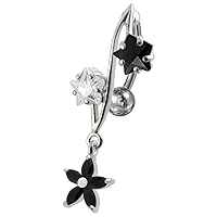 Fancy Star with Flower Reverse Bar 925 Sterling Silver with Stainless Steel Belly Button Navel Rings
