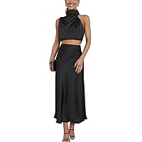 Women's 2 Piece Satin Skirt Sets Sleeveless Mockneck Crop Tank Top Midi Skirt Dress Summer Outfits