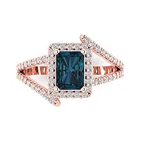 2.10 ct Emerald Cut Solitaire Halo Criss Cross Natural London Blue Engagement Promise Anniversary Bridal Ring 14k Rose Gold