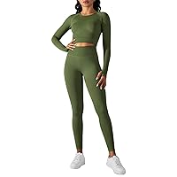 Orolay Workout Sets for Women 2 Piece Tummy Control 7/8 Leggings with Long Sleeve Crop Tops Athletic Gym Clothes Green Small