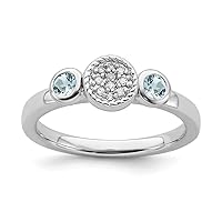 925 Sterling Silver Bezel Polished Prong set Db Round Aquamarine and Dia. Ring Jewelry for Women - Ring Size Options: 10 5 6 7 8 9