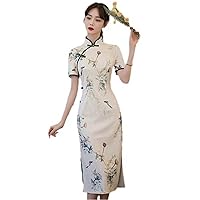 Literary and Artistic Printed Tang Dress for Women,Chinese Style Retro Buckle Flower Printed Midi Dress