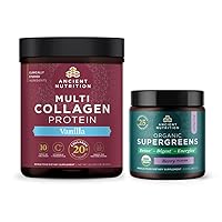 Ancient Nutrition Multi Collagen Protein Powder, Vanilla, 60 Servings + Organic Supergreens Powder, Berry, 12 Servings
