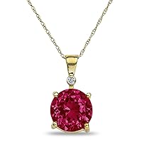 The Diamond Deal 10k Yellow Or White Gold Lab-Created Red Ruby Solitaire Pendant For Women |July Birthstone Gemstone Pendant | Accented Diamond Pendant For Women | With 18 inch Gold Chain