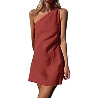Summer Dresses for Women 2023 Ladies Linen Casual Dress Solid Color One Shoulder Slim Fashion Temperament Dress