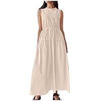 Womens Long Summer Dresses Sleeveless Vacation Dress Flowy Beach Party Sundress Loose Maxi Dress with Pockets