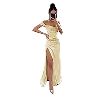 Off Shoulder Satin Elegant Bridesmaid Dresses Long Ruched Mermaid Prom Dress with Slit Formal Dresses