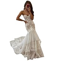 Mermaid Trumpet Strapless Tiered Women Ball Gown Wedding Dresses for Brides with Long lace Train Sexy