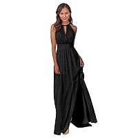 Women’s A Line High Neck Chiffon Bridesmaid Dresses, Halter Sleeveless Formal Evening Party Gowns with Slit