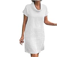 YZHM Linen Dresses for Women 2023 Short Sleeve Summer Dress Cowl Neck Tunic Dress Solid Sundress Loose Fit Casual Beach Dress White