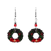Christmas Wreath Xmas Themed Graphic Dangle Earrings - Womens Fashion Handmade Jewelry Holiday Accessories