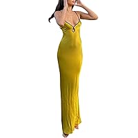 LYANER Women's Stain Spaghetti Straps Hollow Out Sleeveless Bodycon Cocktail Party Maxi Long Dress