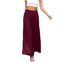 Palazzo Pants for Women Lounge Elastic High Waist Cotton Linen Smocked Casual Trousers Wide Leg Comfy Flowy Pants