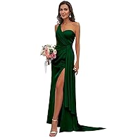 Women's One Shoulder Satin Bridesmaid Dresses Long with Slit Formal Evening Gown
