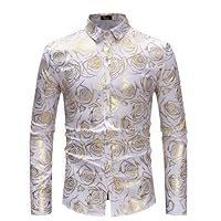 Gold Rose Print White Men Shirt Long Sleeve Slim Fit Floral Mens Dress Shirts Casual Prom Male Social Shirt
