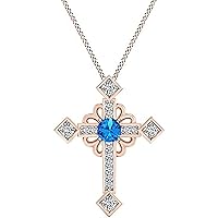 Round Cut Blue Topaz & Diamond 925 Sterling Silver 14K Gold Finish Diamond Cross Pendant Necklace for Women's & Girl's
