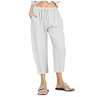Capri Pants for Women Summer Casual Linen Capris Cotton Linen Cropped Pants Elastic High Waist Drawstring Pants with Pockets