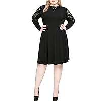 Plus Size Fit and Flare Midi Dress Women Long Sleeve Lace Cold Shoulder Office Work Dress