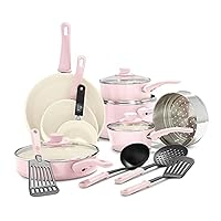 GreenLife Soft Grip Healthy Ceramic Nonstick 16 Piece Kitchen Cookware Pots and Frying Sauce Saute Pans Set, PFAS-Free with Kitchen Utensils and Lid, Dishwasher Safe, Soft Pink