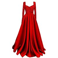 CWOAPO Long Sleeve Sequin Prom Dresses Satin Ball Gowns Dresses for Women Square Neck Formal Evening Wedding Guest Dress