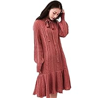 Women Street Style Red Wool Autumn Winter Dress Round Neck Slim Long Sleeve Knit Retro High Waist Slim Dress