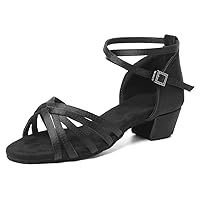 HIPPOSEUS Girls Latin Dance Shoes Low Heel Satin Ballroom Salsa Dance Practice Shoes,Model 202