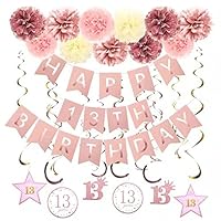 GuoZhiXin Rose Gold 13th Birthday Party Decors , Rose gold Glittery Happy 13th Birthday Banner,Poms,Sparkling Hanging Swirls Kit for 13th Birthday Party Supplies