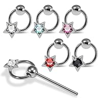 5 Pieces Mix Color Jeweled Star on Moving Ring Sterling Silver 22 Gauge Straight Nose Pin