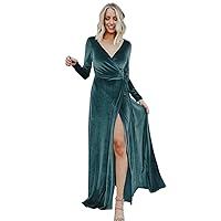 Basgute Long Sleeve Velvet Bridesmaid Dresses for Wedding Wrap Maxi V Neck Slit Formal Evening Party Gown for Women