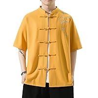 Chinese Style Fun Embroidered Shirt: Men's Plate Button Tang Retro Top Linen Shirt Short Sleeve Ancient Wind Men