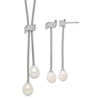 925 Sterling Silver Rhodium Plated Fwc Pearl CZ Cubic Zirconia Simulated Diamond With 2inch Extension Necklace Earrings Set Jewelry for Women