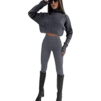 Women's Winter Fall Rib-Knit Long Sleeve cold tummy Sweater Top and Long Pants Set