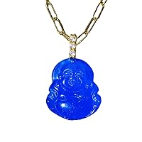 Laughing Buddha Green Blue Jade Pendant Necklace paper ClipChain Genuine Certified Grade A Jadeite Jade Hand Crafted, Pink Jade Necklace, 14k Gold Finish Laughing Buddha Jade Green Necklace, Pink Jade Medallion, Mens Jewelry, Buddha Chain, Jade Chain