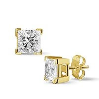 0.60 Carat Princess Cut CZ Diamond Solitaire Unisex Stud Earrings In 14K Yellow Gold Plated 925 Silver
