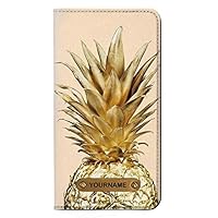 RW3490 Gold Pineapple PU Leather Flip Case Cover for iPhone 11 with Personalized Your Name on Leather Tag
