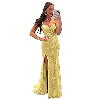 Mermaid Prom Dress for Women Long Tulle V Neck Lace Appliques Spaghetti Straps Formal Evening Party Gowns with Slit